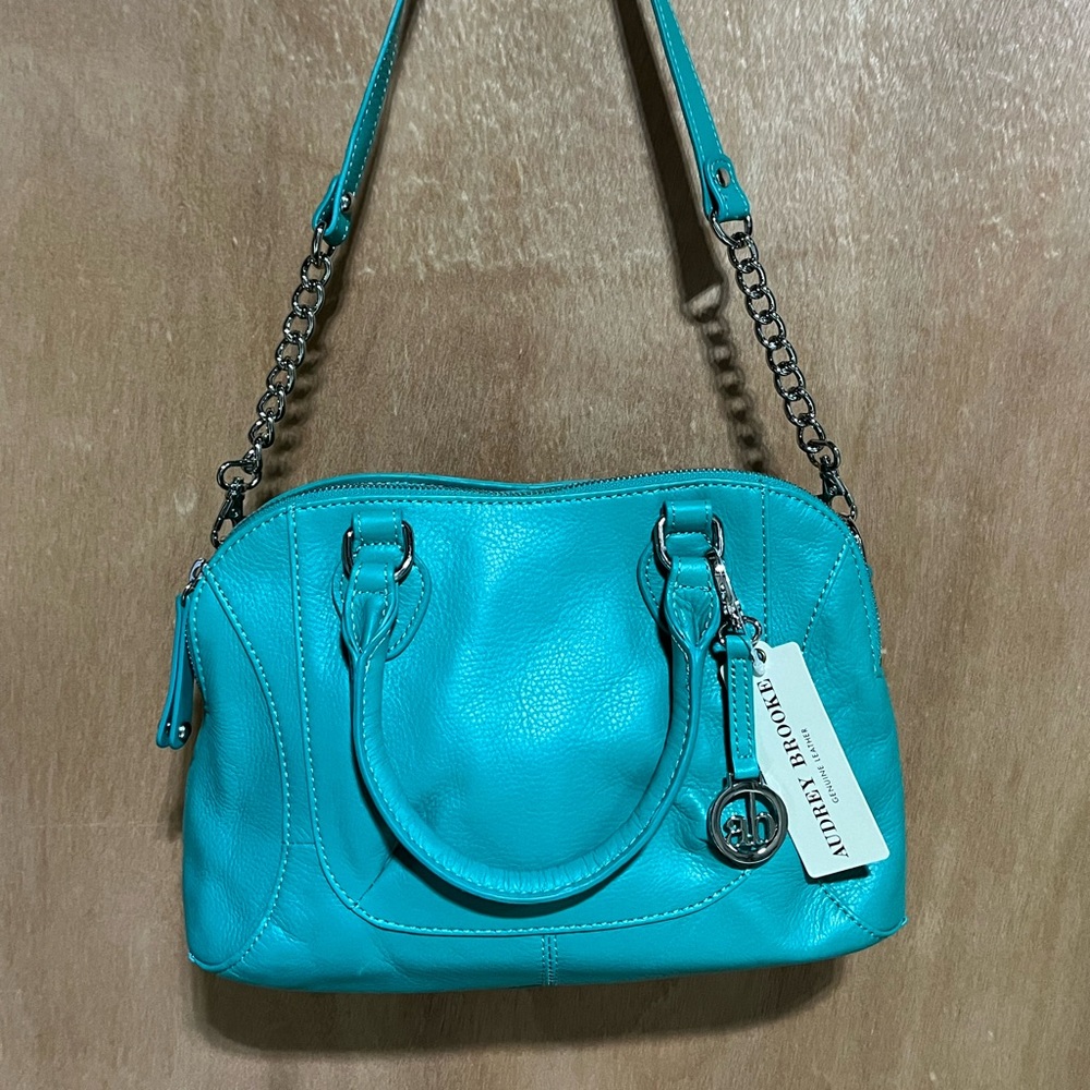Audrey Brooke- Leather Lagoon/Teal Med. Satchel/Crossbody w/Multi. Pockets-NWT